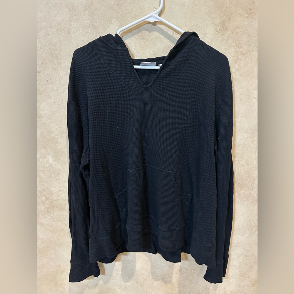 Chico's Black V-Neck Hooded kangaroo pocket waffle knit Henley size 3 plus